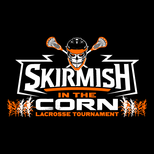 Skirmish in the Corn lacrosse tournament design — a helmeted skull with crossed lacrosse sticks over cornstalks, printed in orange and white on black