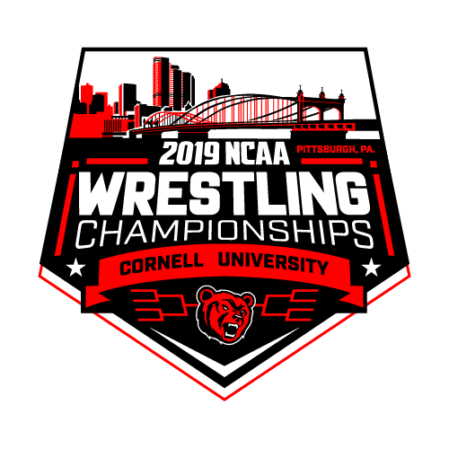 2019 NCAA Wrestling Championships design for Cornell University — a Pittsburgh skyline inside a shield above a bear mascot