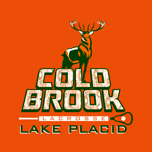 Cold Brook Lacrosse Lake Placid design — a stag head above collegiate lettering, printed on orange