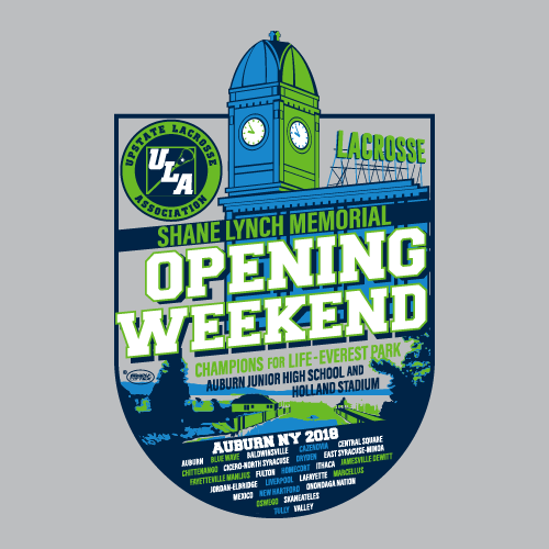 Shane Lynch Memorial Opening Weekend tournament design listing competing Upstate Lacrosse Association clubs beneath a clock tower
