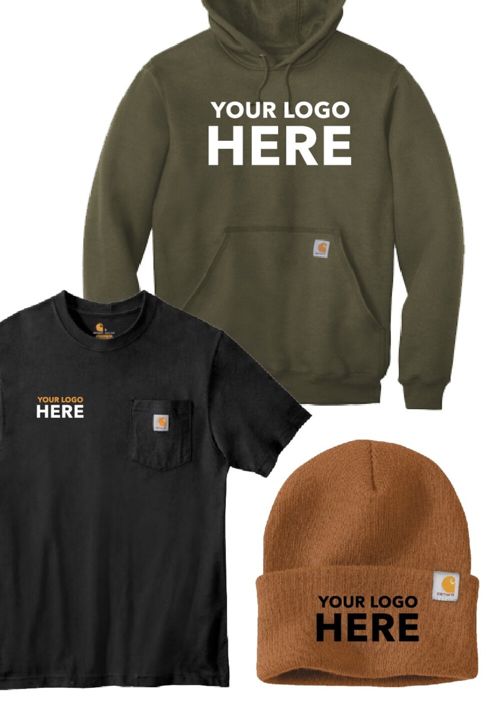 A Carhartt workwear program — an olive hooded sweatshirt, a black pocket tee and a brown knit beanie, each carrying the same decorated company mark