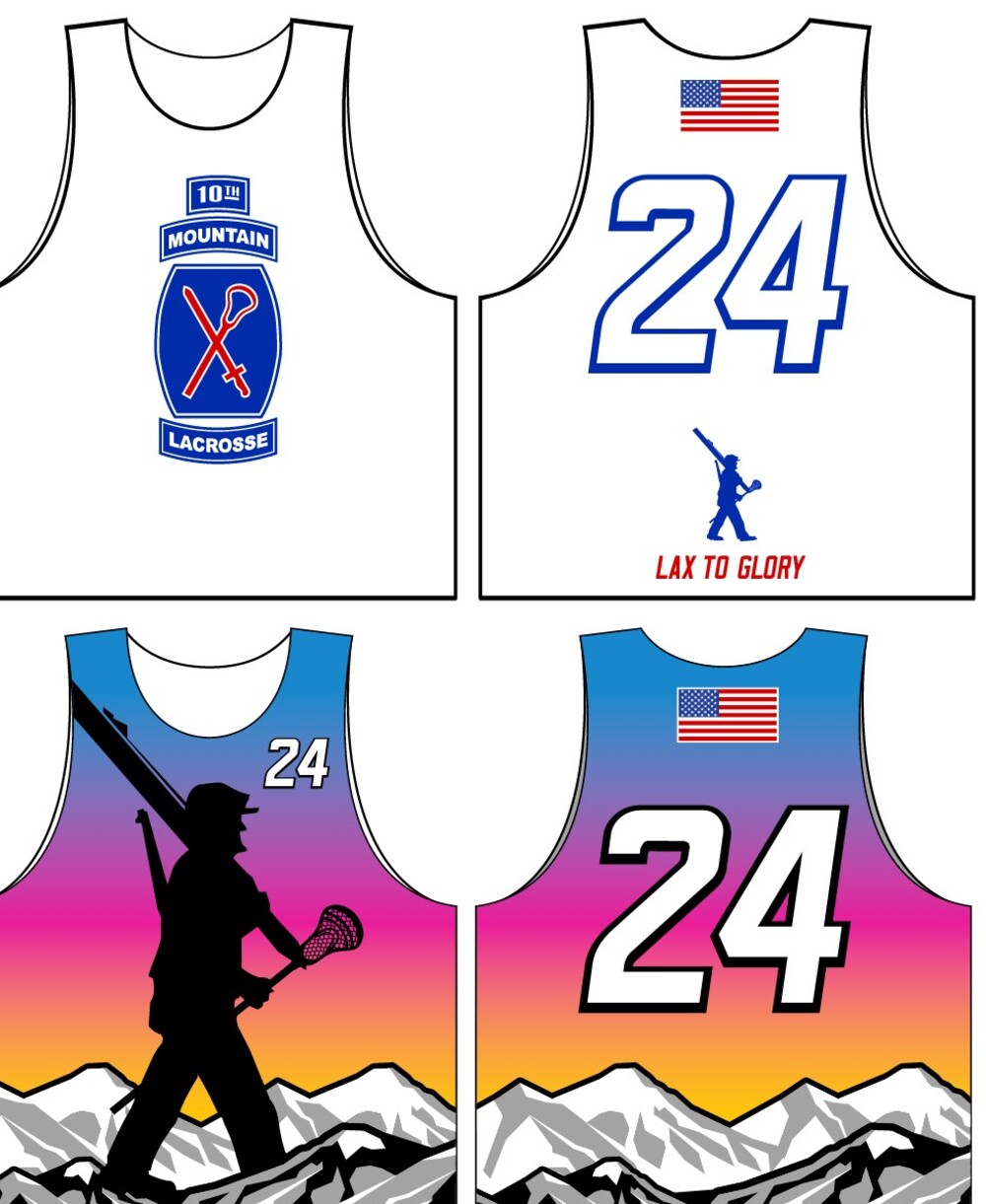 A men's sublimated lacrosse club kit — a white reversible pinnie with a 10th Mountain Lacrosse crest and a sunset-gradient mountain design on the reverse
