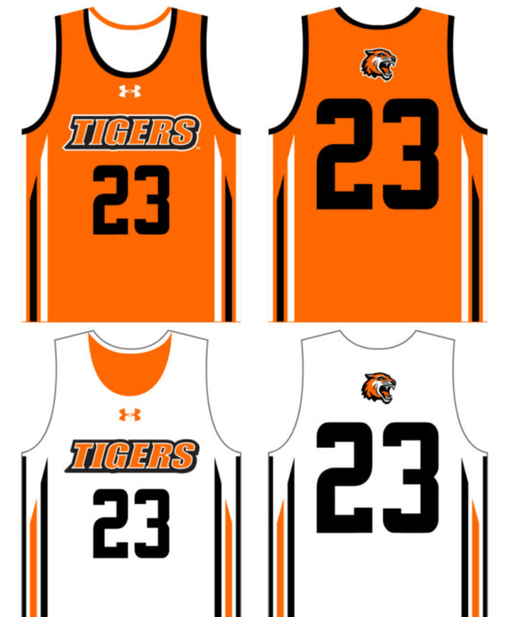 An Under Armour reversible basketball kit in orange and white with a Tigers mark and player numbers
