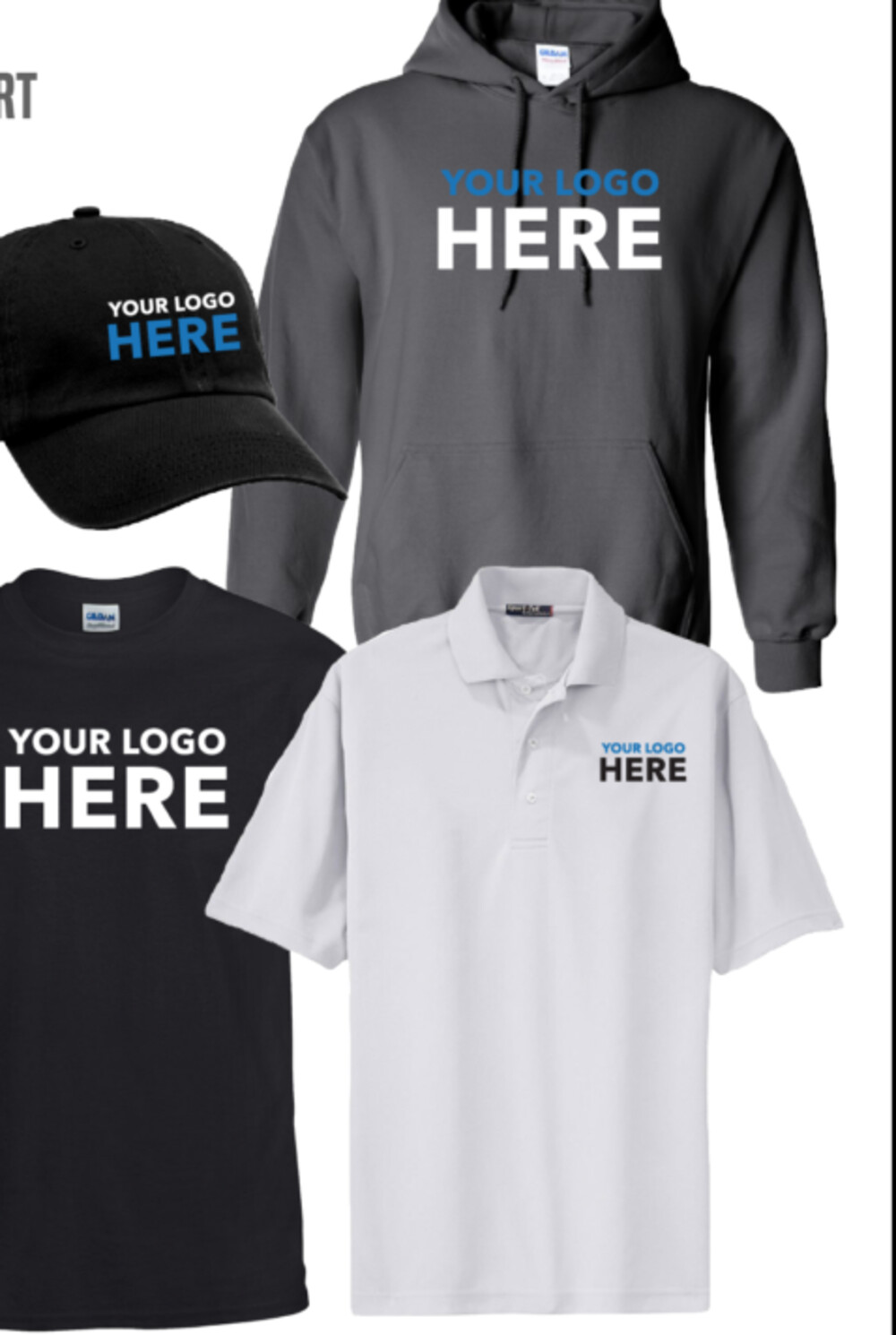 A restaurant management program — a charcoal hooded sweatshirt, a black tee, a white performance polo and an embroidered cap