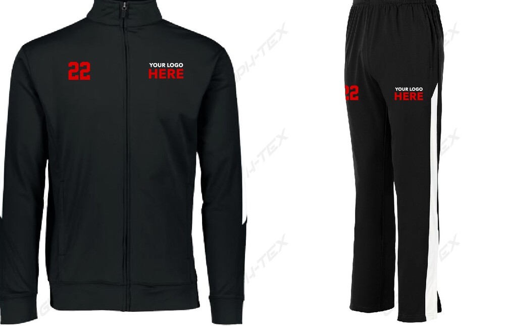 A team travel suit — a black full-zip warmup jacket and matching pants with an embroidered logo and player number
