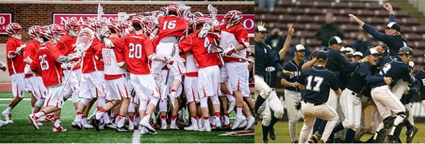 Two teams celebrating on the field — a lacrosse squad in red and a baseball squad in navy, both in decorated uniforms