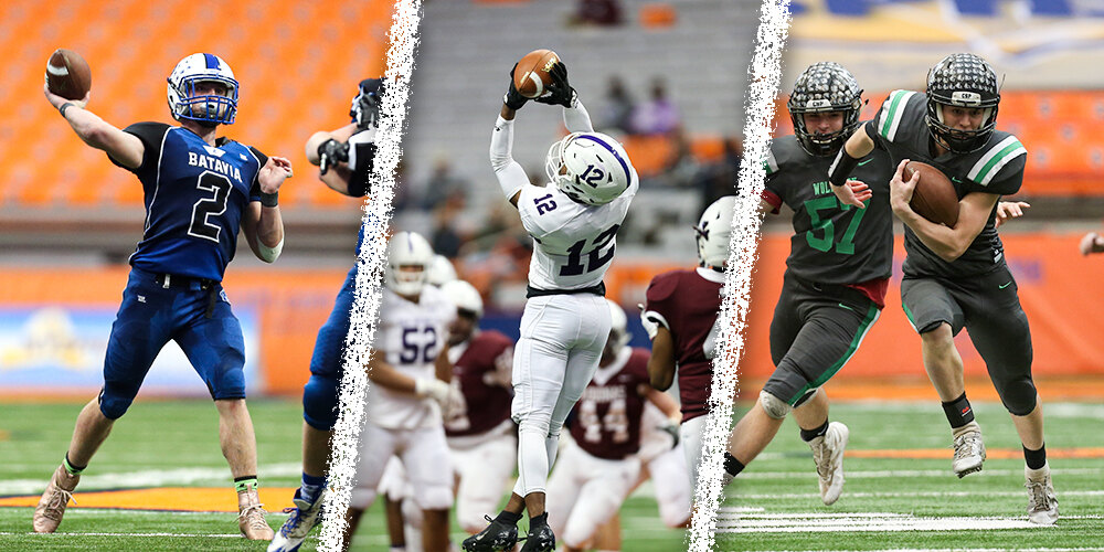 Three panels of football action — a quarterback throwing, a receiver catching, a running back breaking through the line