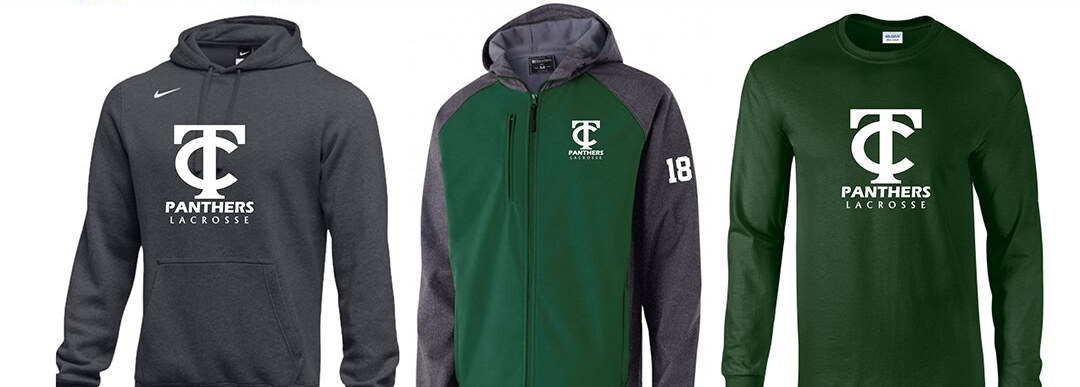 A TC Panthers lacrosse program — a Nike hooded sweatshirt, a green quarter-zip jacket with a sleeve number, and a long sleeve tee, each carrying the same embroidered and printed team mark